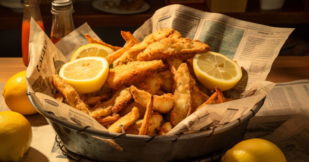 Catfish fries basket with lemon wedges