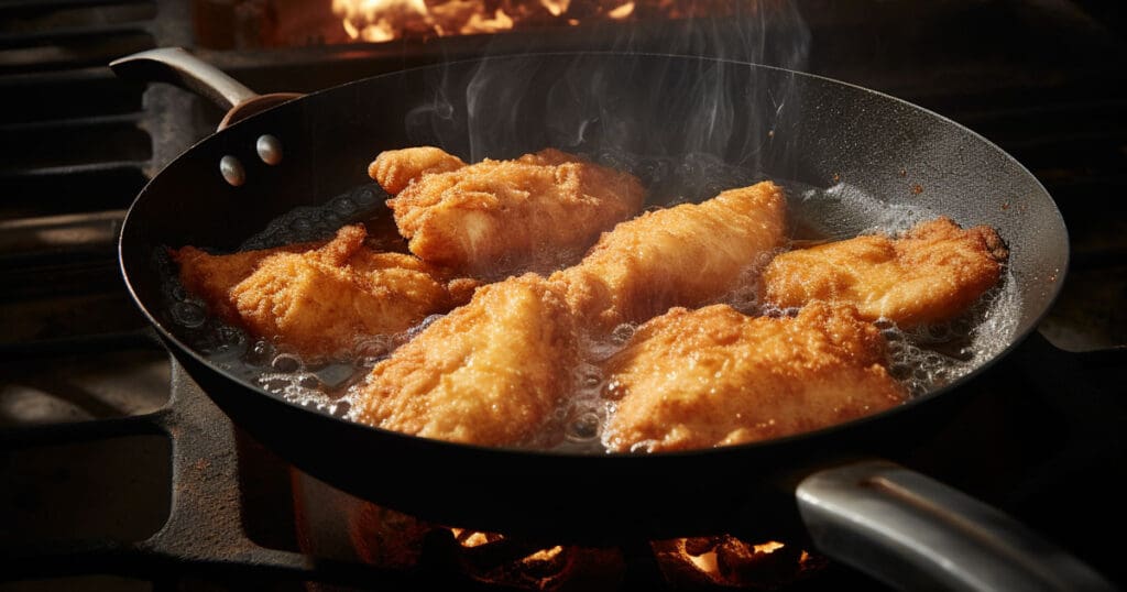 Frying catfish fries in a frying pan
